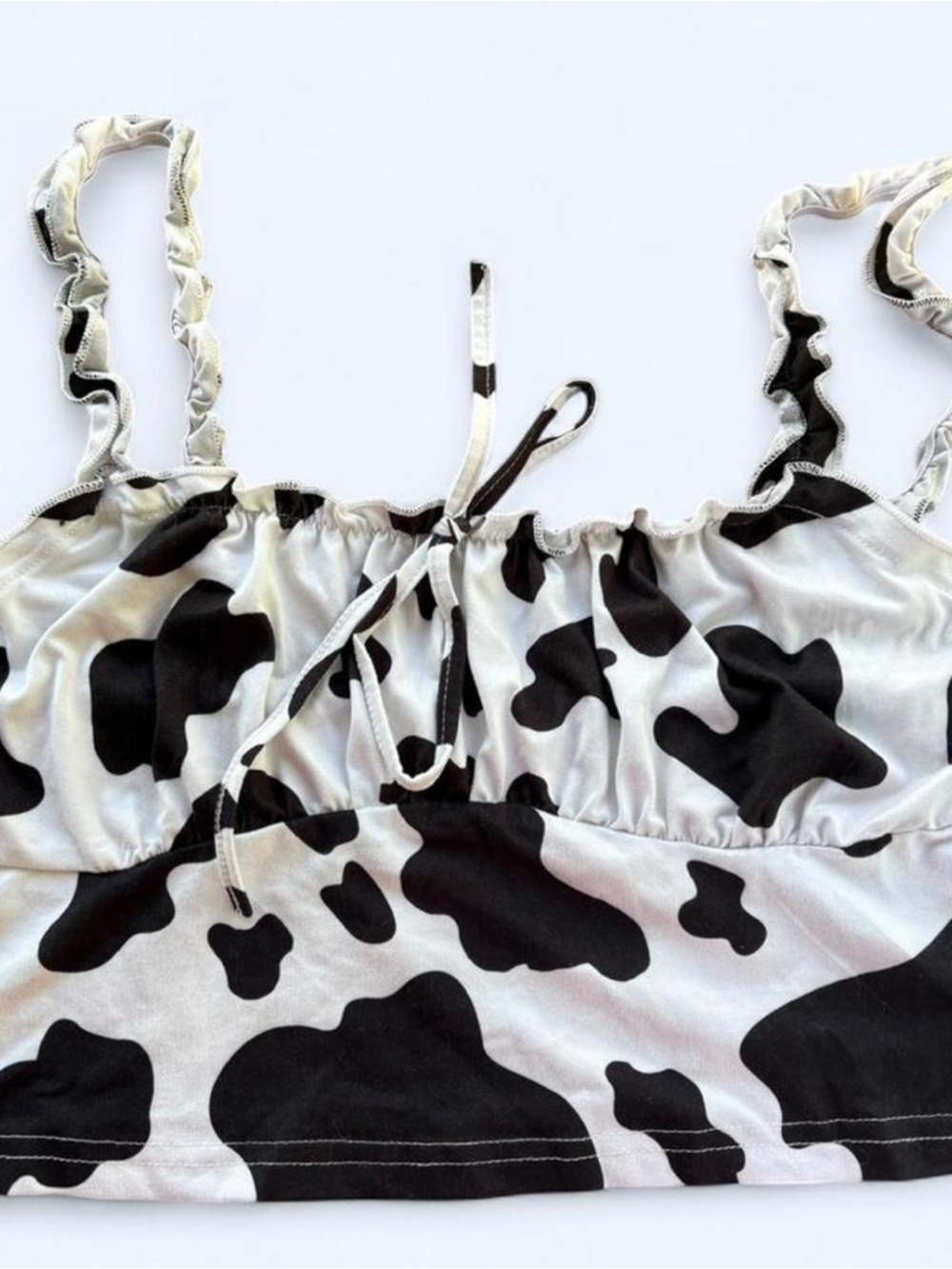 SHEIN Black & White Cow Print Ruffled Tie Halter Top